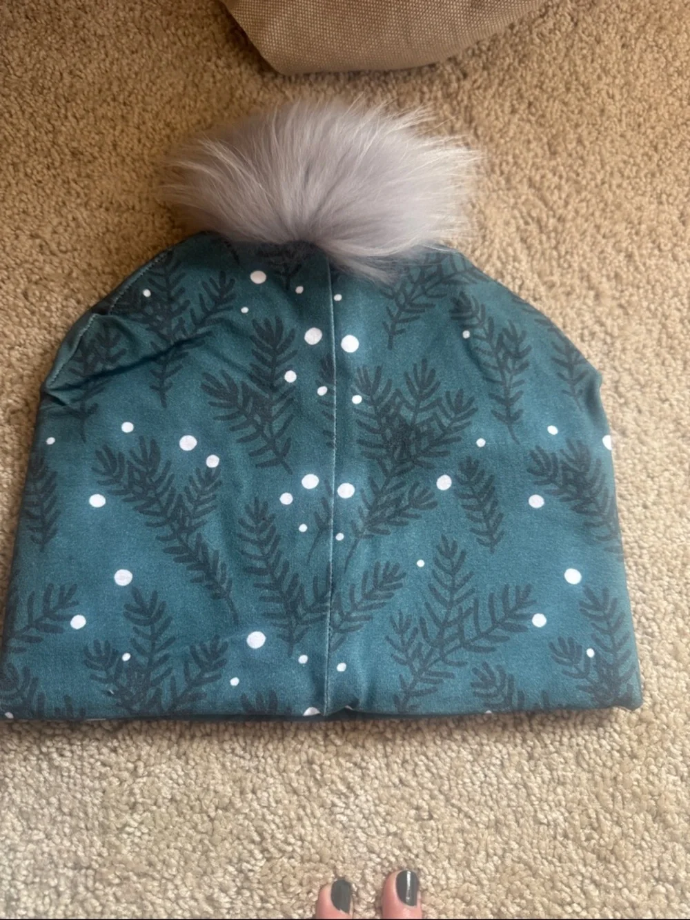 NWOT Teal Pom Beanie Hat with Print - Picture 4 of 4